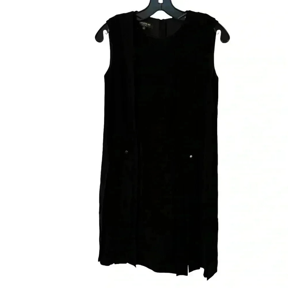 Lafayette 148 black pleated sleeveless dress with gold accent buttons size SP